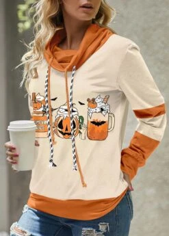 Halloween Print Patchwork Light Camel Cowl Neck Sweatshirt