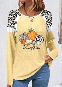 Halloween Print Patchwork Light Yellow Scoop Neck Sweatshirt