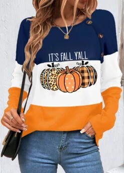 Pumpkin Print Halloween Multi Color Round Neck Sweatshirt -Rosewe Promotion Store 340644 P 1692174730947