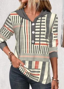 Geometric Print Button Multi Color Long Sleeve Hoodie