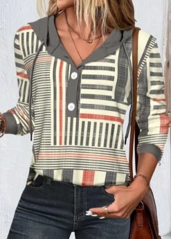 Geometric Print Button Multi Color Long Sleeve Hoodie -Rosewe Promotion Store 340655 P 1692177234585