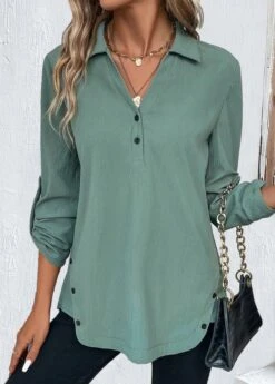 Long Sleeve Button Sage Green Shirt Collar Blouse -Rosewe Promotion Store 340658 P 1692925726606