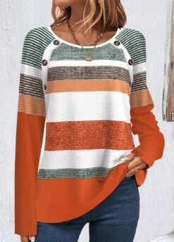 Multi Stripe Print Button Orange T Shirt -Rosewe Promotion Store 340669 P 1692957750947