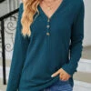 Turquoise V Neck Long Sleeve Button T Shirt -Rosewe Promotion Store 340845 P 1695197559079