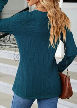 Turquoise V Neck Long Sleeve Button T Shirt -Rosewe Promotion Store 340845 P 1695197560665