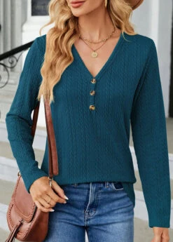 Turquoise V Neck Long Sleeve Button T Shirt -Rosewe Promotion Store 340845 P 1695197561562