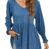 Denim Blue V Neck Long Sleeve Smocked Blouse -Rosewe Promotion Store 340846 P 1692940231936