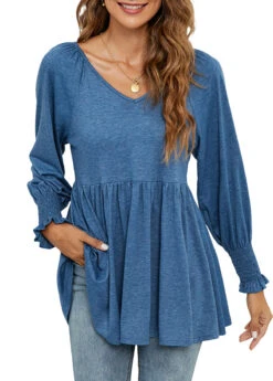 Denim Blue V Neck Long Sleeve Smocked Blouse