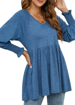 Denim Blue V Neck Long Sleeve Smocked Blouse -Rosewe Promotion Store 340846 P 1692940232001