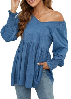 Denim Blue V Neck Long Sleeve Smocked Blouse -Rosewe Promotion Store 340846 P 1692940232650