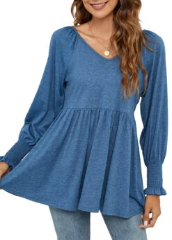 Denim Blue V Neck Long Sleeve Smocked Blouse -Rosewe Promotion Store 340846 P 1692940233879