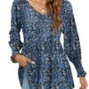 Ditsy Floral Print Smocked Navy V Neck Blouse -Rosewe Promotion Store 340847 P 1692940107165