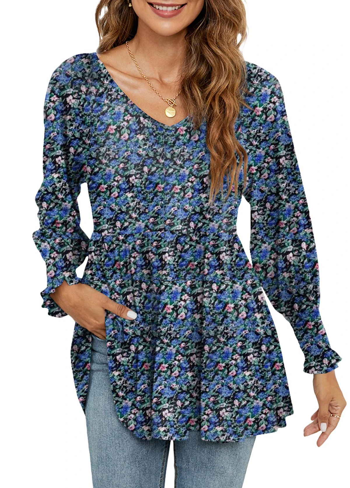 Ditsy Floral Print Smocked Navy V Neck Blouse 3 Ditsy Floral Print Smocked Navy V Neck Blouse