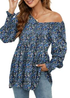 Ditsy Floral Print Smocked Navy V Neck Blouse 9 Ditsy Floral Print Smocked Navy V Neck Blouse -Rosewe Promotion Store 340847 P 1692940108077