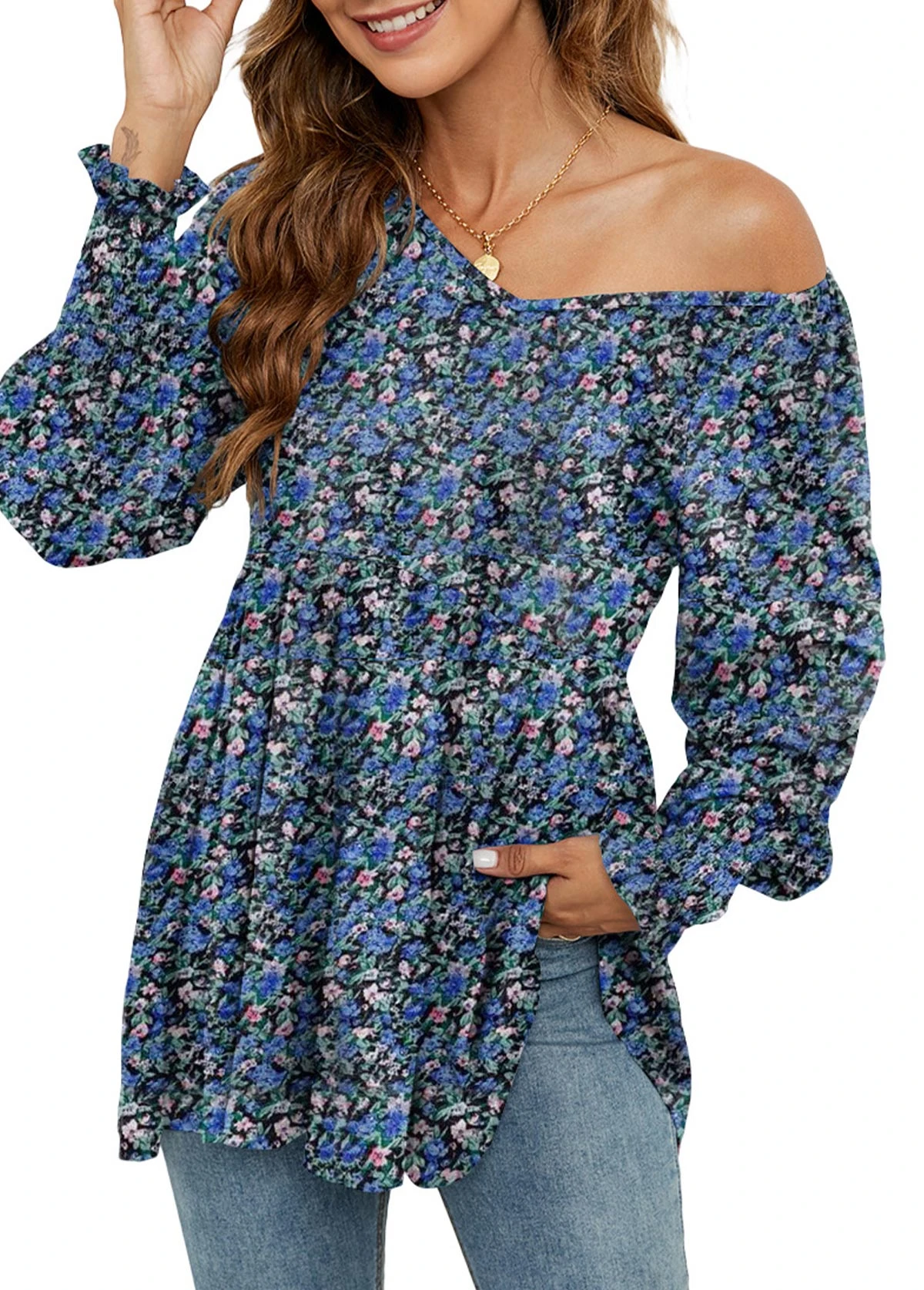 Ditsy Floral Print Smocked Navy V Neck Blouse 5 Ditsy Floral Print Smocked Navy V Neck Blouse - Image 3