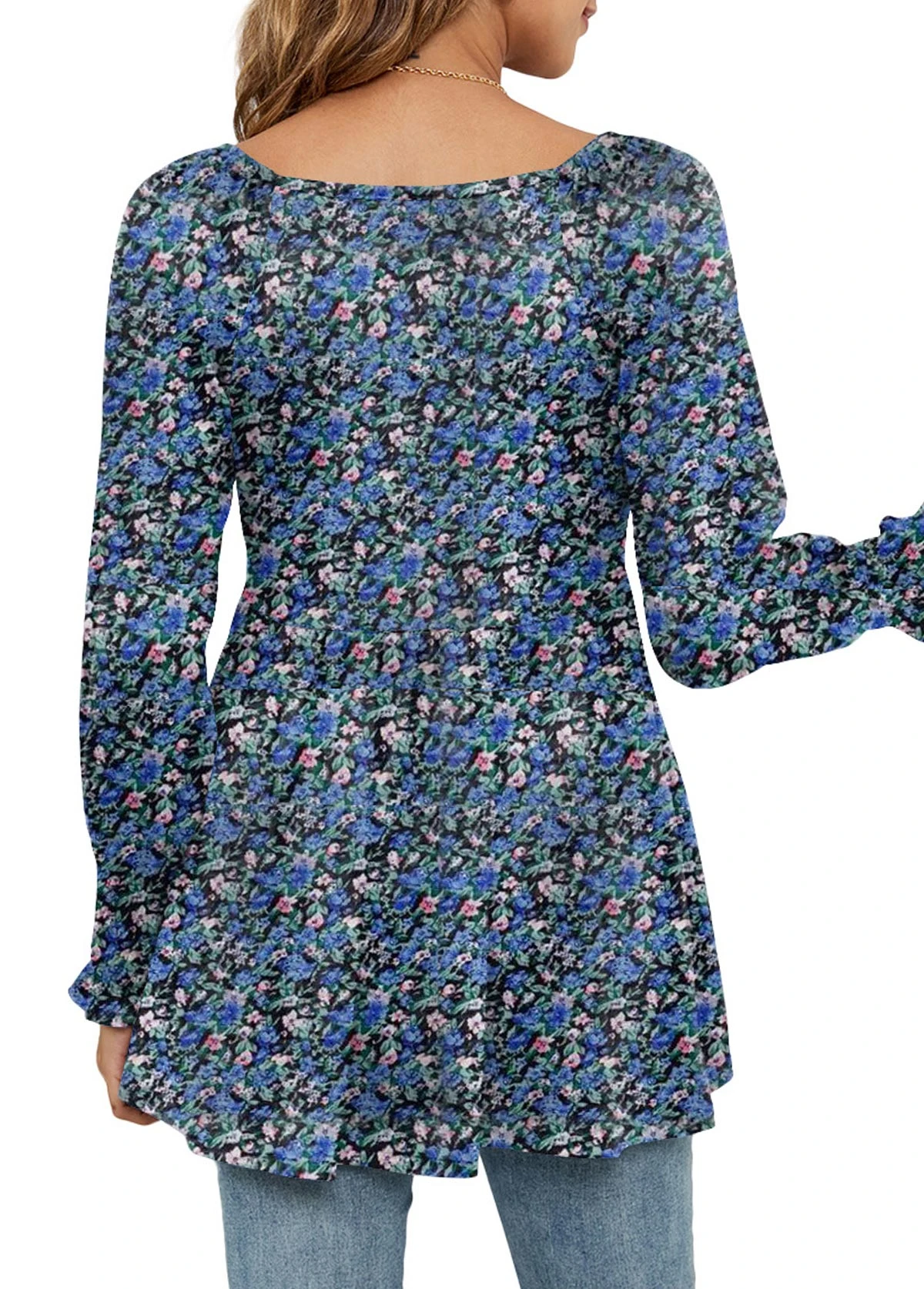 Ditsy Floral Print Smocked Navy V Neck Blouse 4 Ditsy Floral Print Smocked Navy V Neck Blouse - Image 2