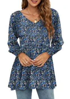 Ditsy Floral Print Smocked Navy V Neck Blouse 10 Ditsy Floral Print Smocked Navy V Neck Blouse -Rosewe Promotion Store 340847 P 1692940109040