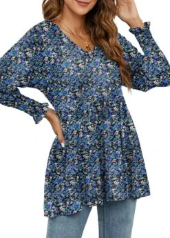 Ditsy Floral Print Smocked Navy V Neck Blouse 11 Ditsy Floral Print Smocked Navy V Neck Blouse -Rosewe Promotion Store 340847 P 1692940109463