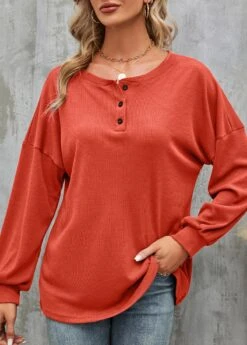 Brick Red Round Neck Button T Shirt