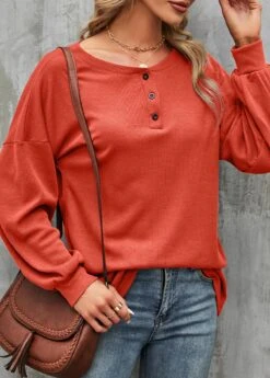 Brick Red Round Neck Button T Shirt -Rosewe Promotion Store 340848 P 1692940029363