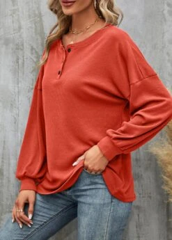 Brick Red Round Neck Button T Shirt -Rosewe Promotion Store 340848 P 1692940029731
