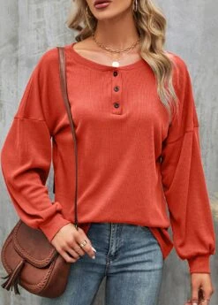 Brick Red Round Neck Button T Shirt -Rosewe Promotion Store 340848 P 1692940030367