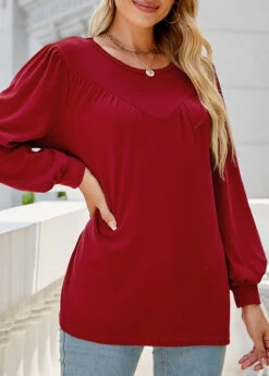 Wine Red Round Neck Long Sleeve Patchwork Blouse 10 Wine Red Round Neck Long Sleeve Patchwork Blouse -Rosewe Promotion Store 340849 P 1692940064102