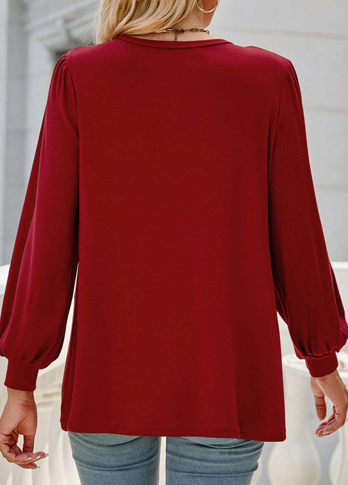 Wine Red Round Neck Long Sleeve Patchwork Blouse 4 Wine Red Round Neck Long Sleeve Patchwork Blouse - Image 2