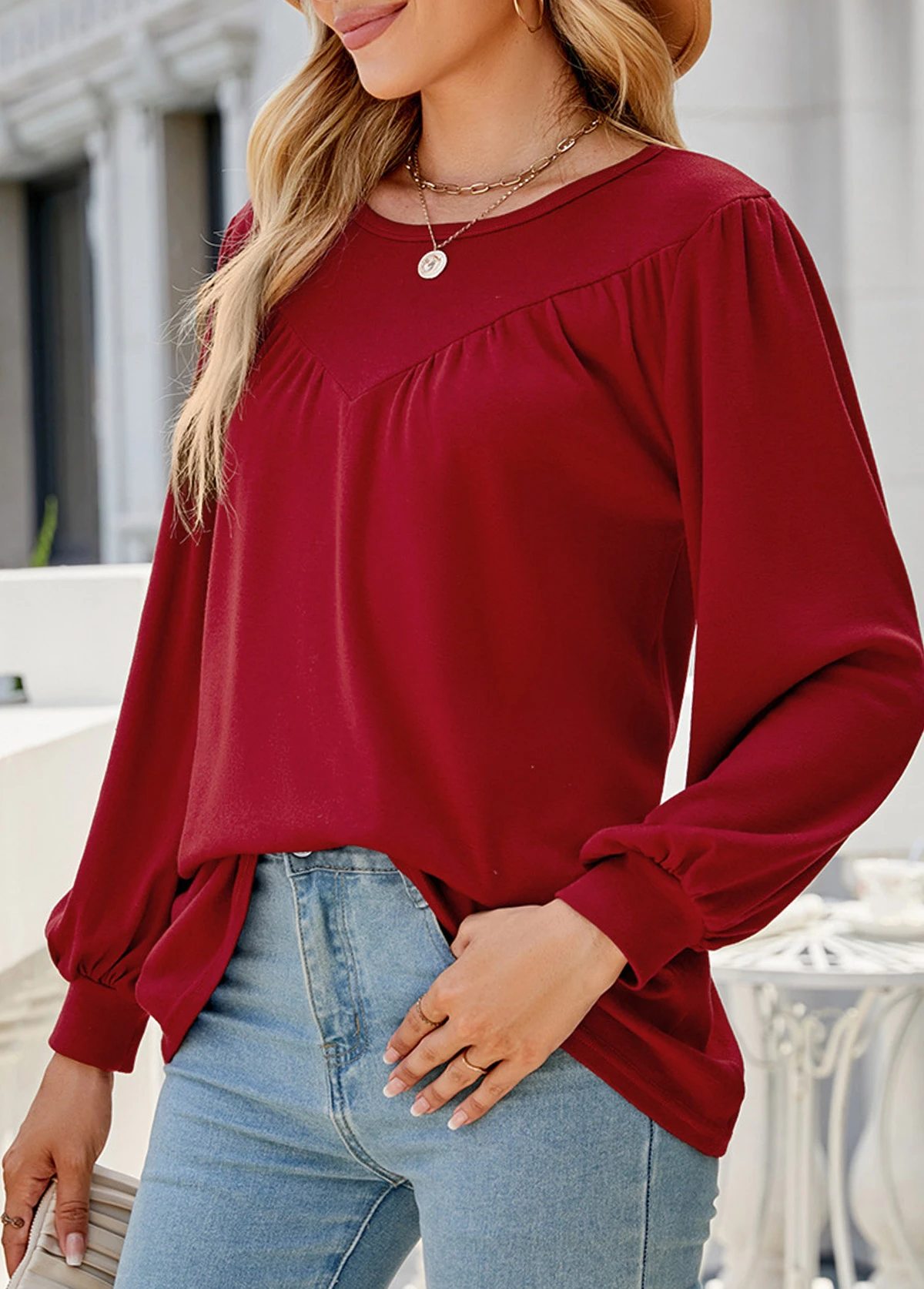Wine Red Round Neck Long Sleeve Patchwork Blouse 5 Wine Red Round Neck Long Sleeve Patchwork Blouse - Image 3