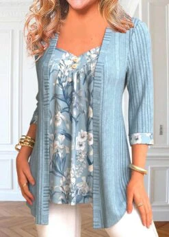 Floral Print Patchwork Dusty Blue T Shirt -Rosewe Promotion Store 340935 P 1693876372951