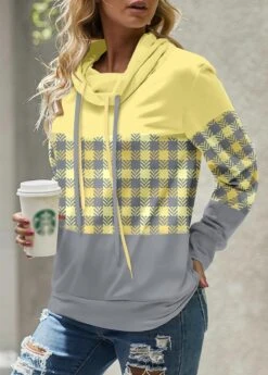 Plaid Patchwork Light Yellow Cowl Neck Sweatshirt