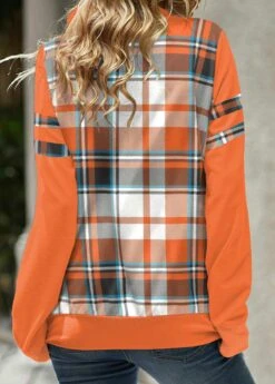 Plaid Patchwork Orange Cowl Neck Long Sleeve Sweatshirt -Rosewe Promotion Store 341020 P 1693990711019