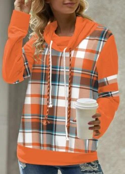 Plaid Patchwork Orange Cowl Neck Long Sleeve Sweatshirt -Rosewe Promotion Store 341020 P 1693990711271