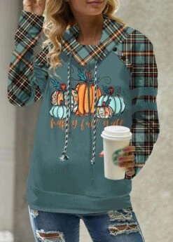Plaid Patchwork Turquoise Cowl Neck Long Sleeve Sweatshirt -Rosewe Promotion Store 341090 P 1693994679639