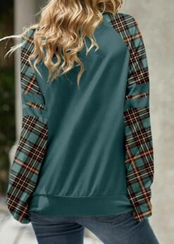 Plaid Patchwork Turquoise Cowl Neck Long Sleeve Sweatshirt -Rosewe Promotion Store 341090 P 1693994679737