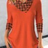 Plaid Patchwork Brick Red Asymmetrical Neck Sweatshirt