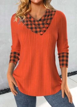 Plaid Patchwork Brick Red Asymmetrical Neck Sweatshirt