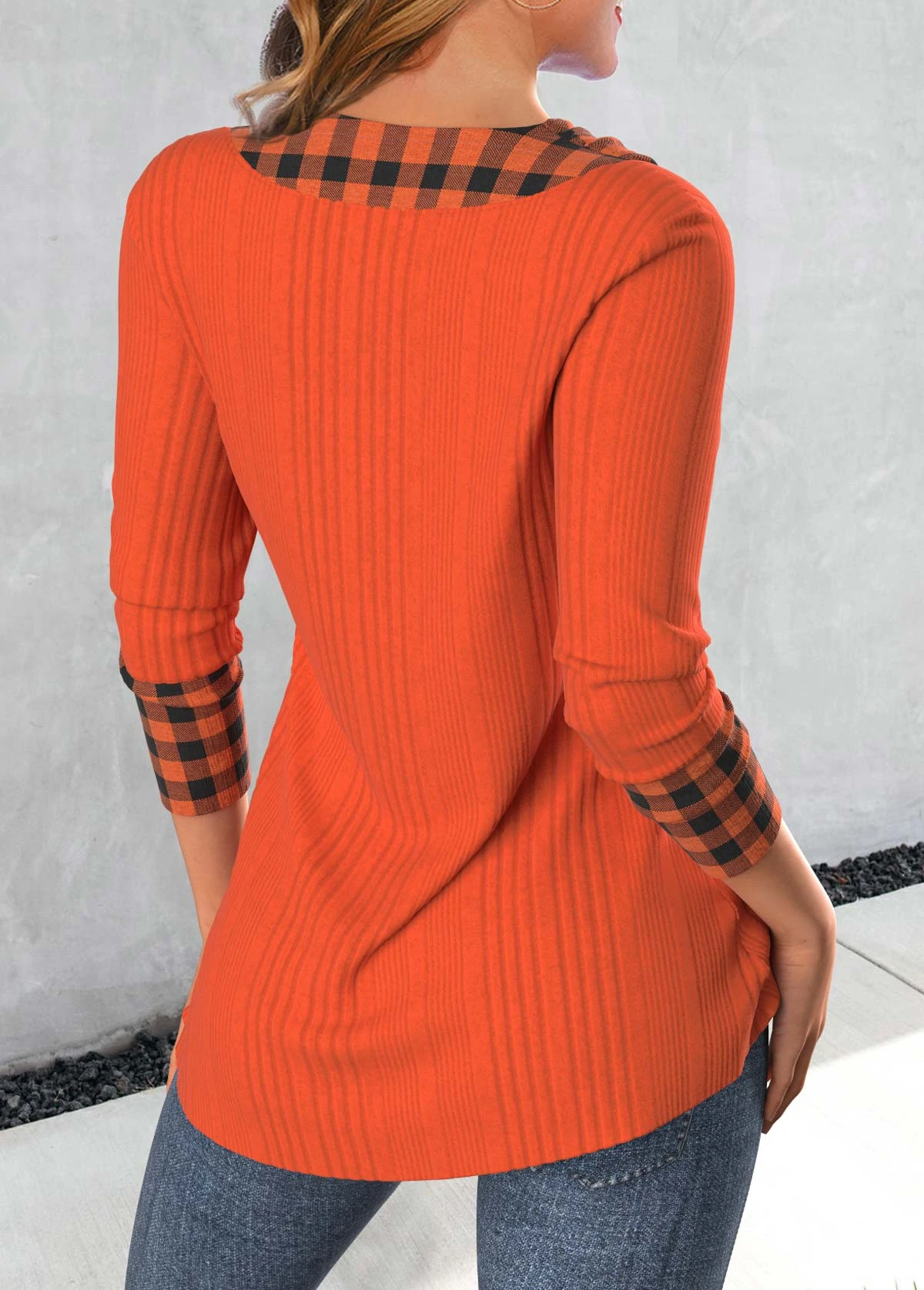 Plaid Patchwork Brick Red Asymmetrical Neck Sweatshirt 4 Plaid Patchwork Brick Red Asymmetrical Neck Sweatshirt - Image 2