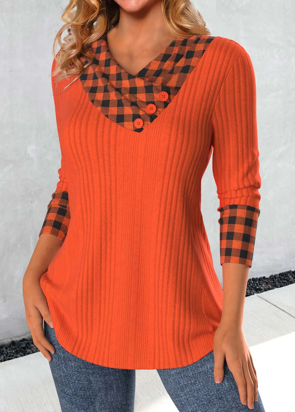 Plaid Patchwork Brick Red Asymmetrical Neck Sweatshirt 5 Plaid Patchwork Brick Red Asymmetrical Neck Sweatshirt - Image 3