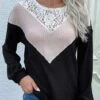 Long Sleeve Lace Black Round Neck T Shirt -Rosewe Promotion Store 341110 P 1692755077327