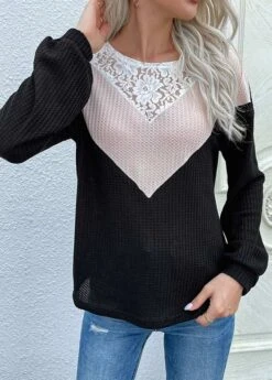 Long Sleeve Lace Black Round Neck T Shirt -Rosewe Promotion Store 341110 P 1692755077862