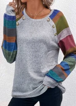 Striped Button Light Grey Marl T Shirt