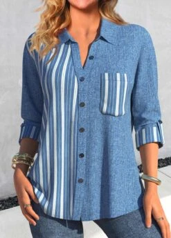 Denim-effect Print Patchwork Denim Blue Shirt Collar Blouse