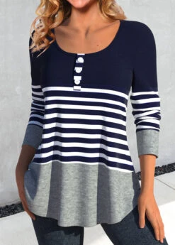 Striped Patchwork Navy Round Neck T Shirt 7 Striped Patchwork Navy Round Neck T Shirt -Rosewe Promotion Store 341419 P 1693218407484
