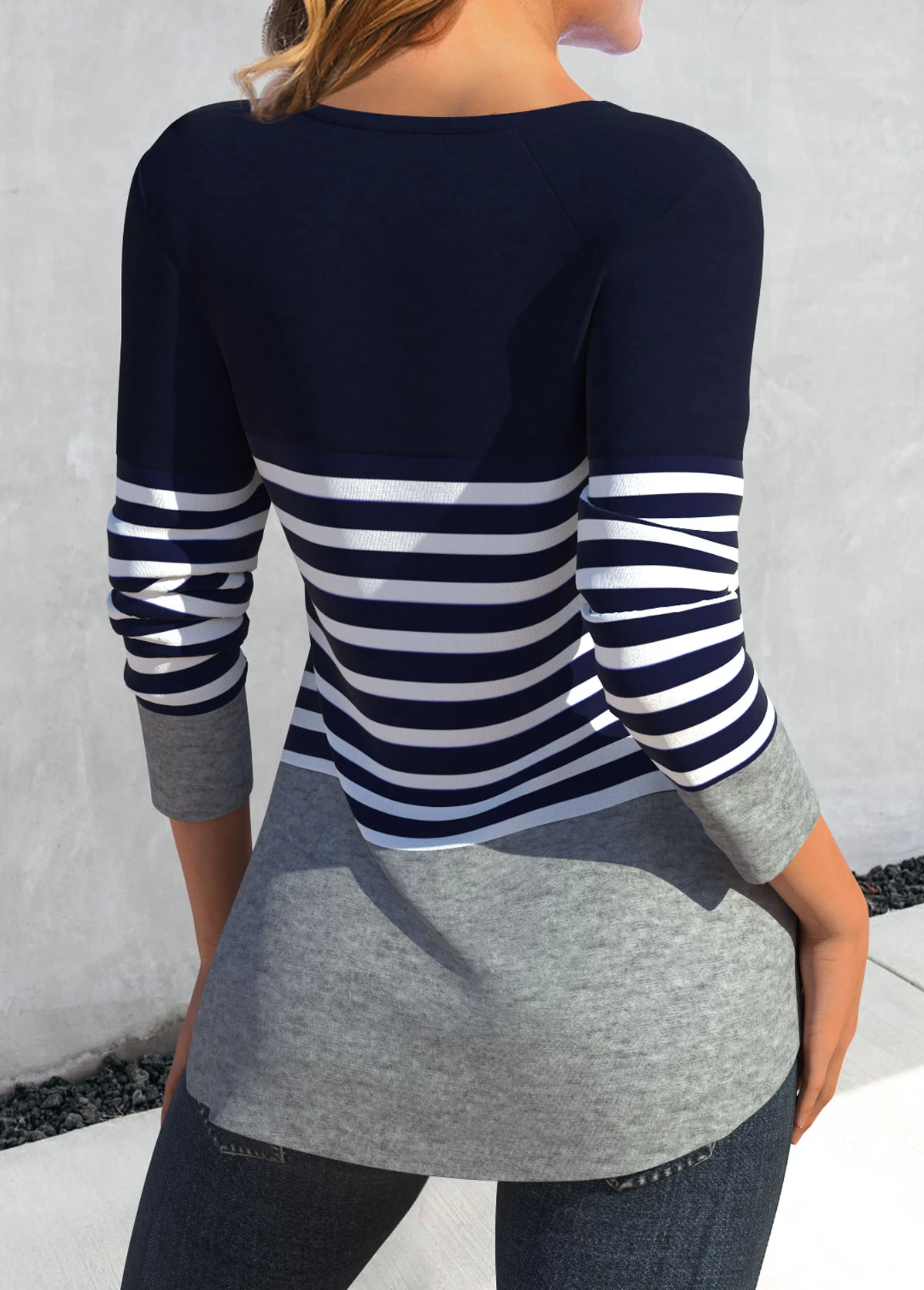 Striped Patchwork Navy Round Neck T Shirt 4 Striped Patchwork Navy Round Neck T Shirt - Image 2