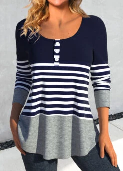 Striped Patchwork Navy Round Neck T Shirt