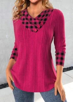 Plaid Patchwork Hot Pink Asymmetrical Neck Sweatshirt -Rosewe Promotion Store 341421 P 1693217893106
