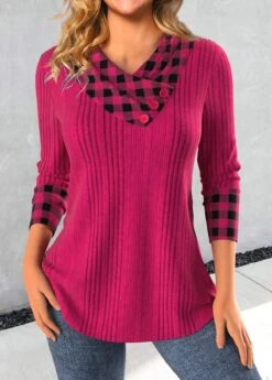 Plaid Patchwork Hot Pink Asymmetrical Neck Sweatshirt