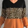 Leopard Patchwork Black V Neck Long Sleeve Sweatshirt -Rosewe Promotion Store 341425 P 1694430338622