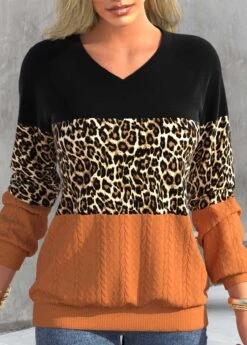 Leopard Patchwork Black V Neck Long Sleeve Sweatshirt